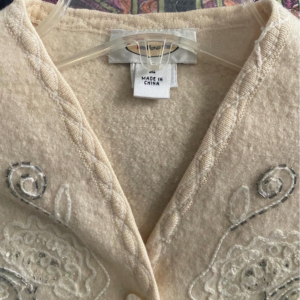 Talbots Cream 100% Marino Wool Sweater with Sequins, Glitter and Tiny Pearls - Picture 7 of 9